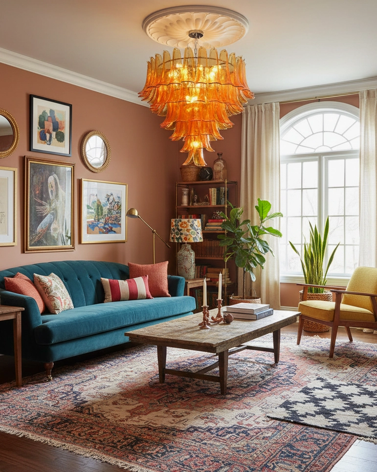 Orange hand-blown glass petal chandelier hanging above coffee table in retro American living room