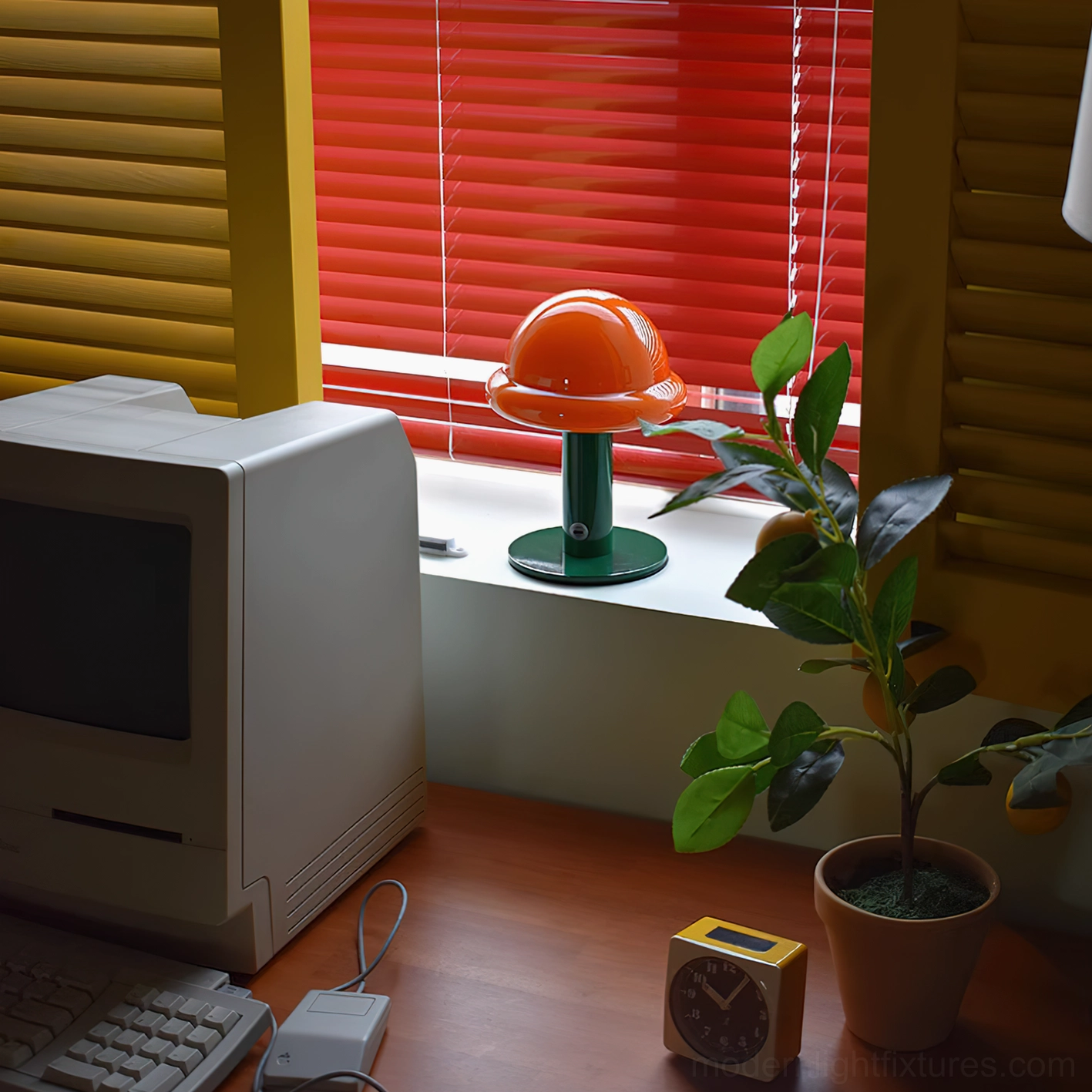Orange glossy mushroom table lamp side profile view with dark green metal hardware on retro home office windowsill