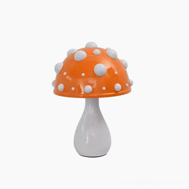 Orange mushroom table lamp with vibrant spotted cap design, perfect for contemporary and whimsical interior styles