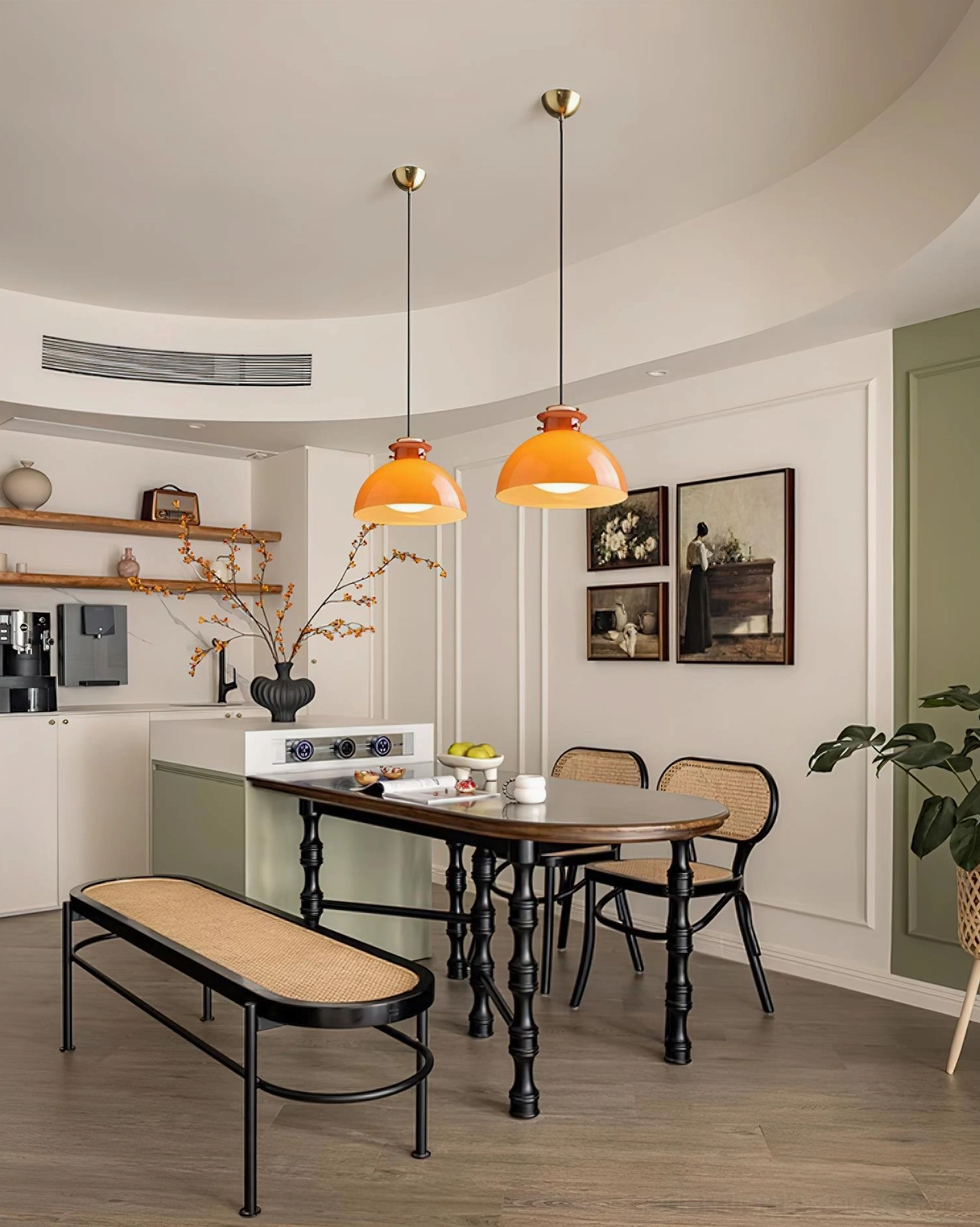 Orange dome pendant light fixture showing full assembly and design proportions