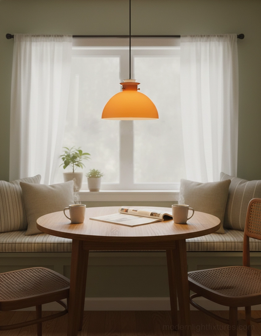 Orange glass dome pendant light with reddish-brown metal frame and base