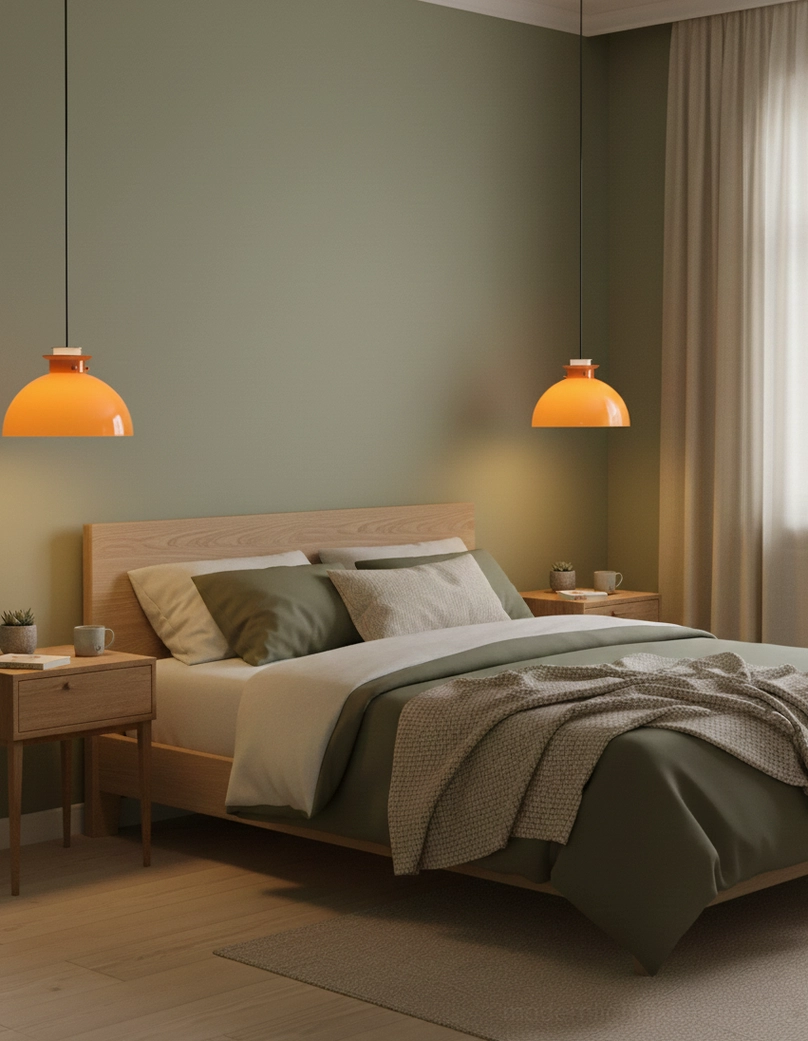 Modern orange dome pendant hanging from adjustable wire, industrial style hardware