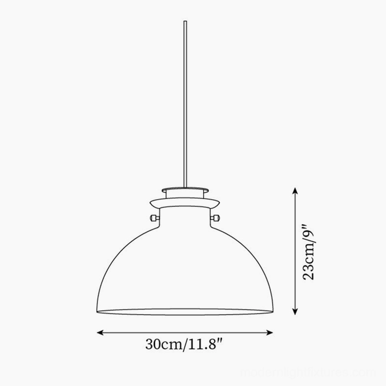 Technical line drawing and dimension specifications for orange dome pendant light fixture
