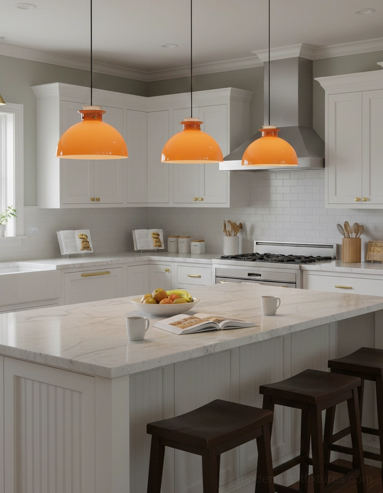 Three orange pendant light fixtures in bright modern white kitchen with minimalist decor