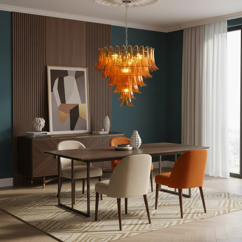 Orange glass tiered petal chandelier illuminating formal dining room above dining table centerpiece