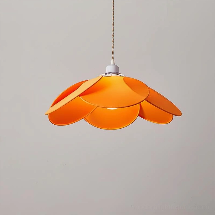 Orange fabric petal pendant lamp with white metal base overhead front view