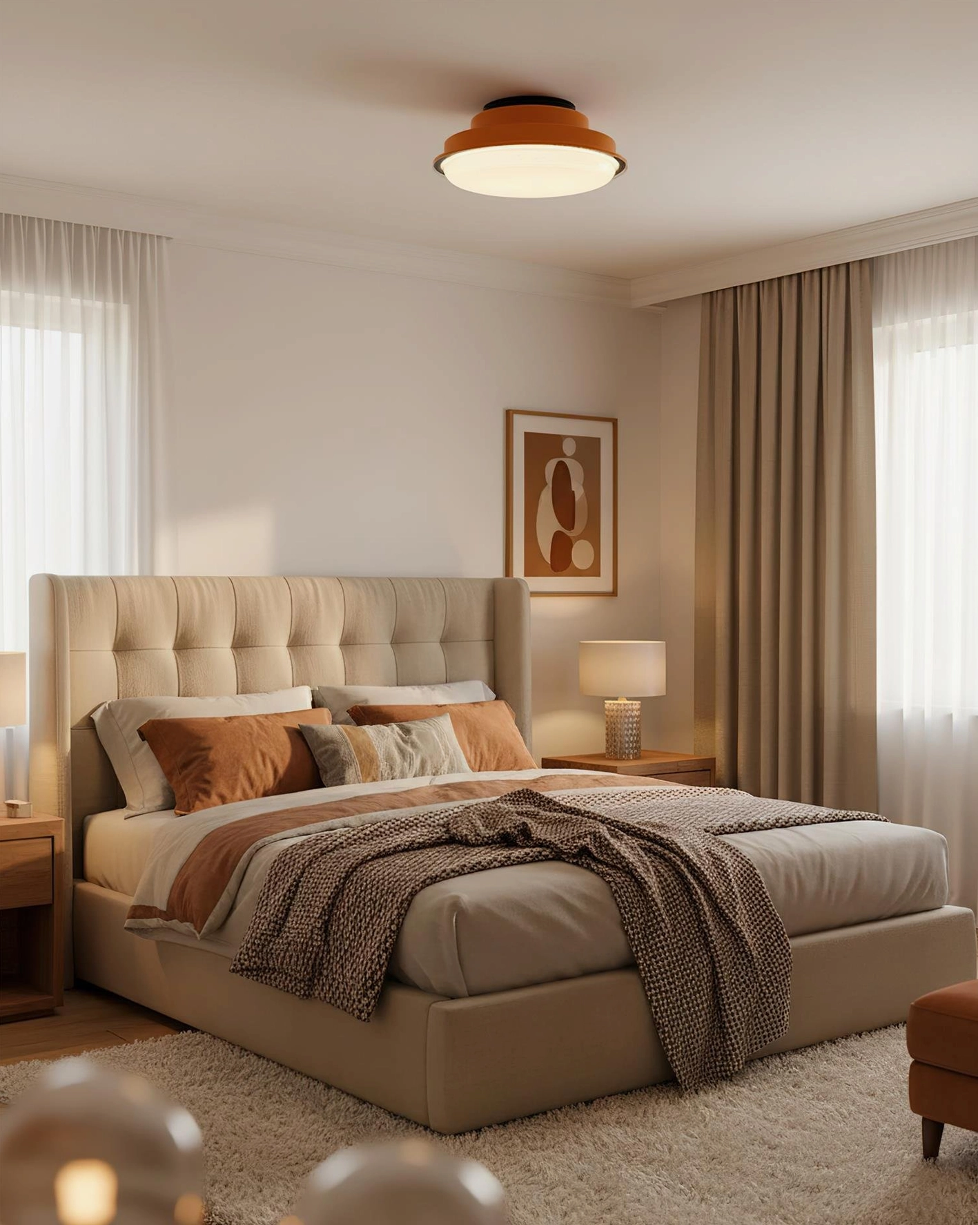 Orange-brown tiered ceiling light fixture in warm master bedroom with complementary neutral decor