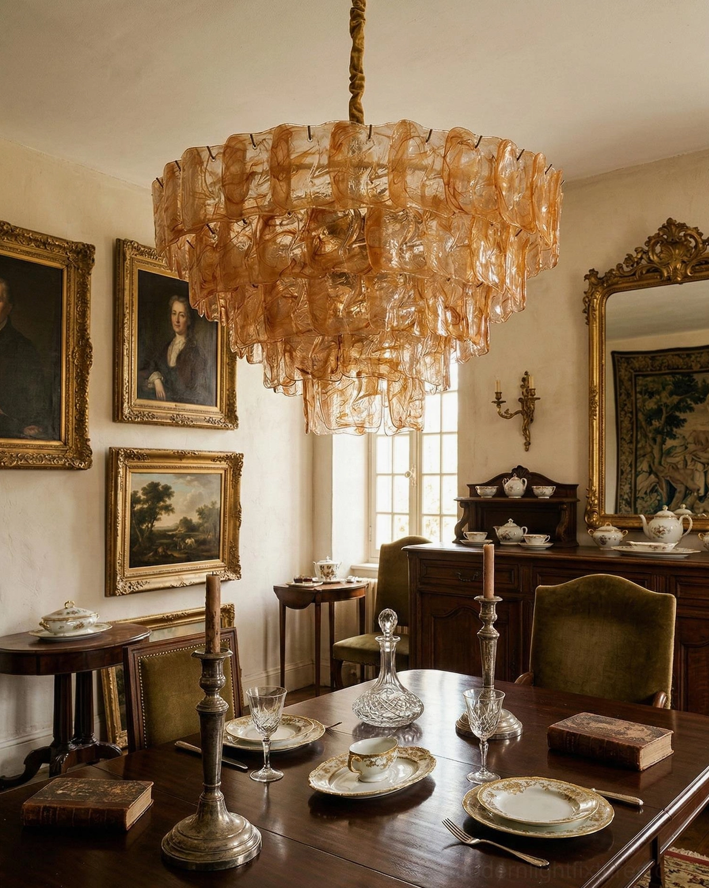 Orange tiered glass chandelier mounted above wooden dining table with antique tableware, classic vintage dining room ambiance