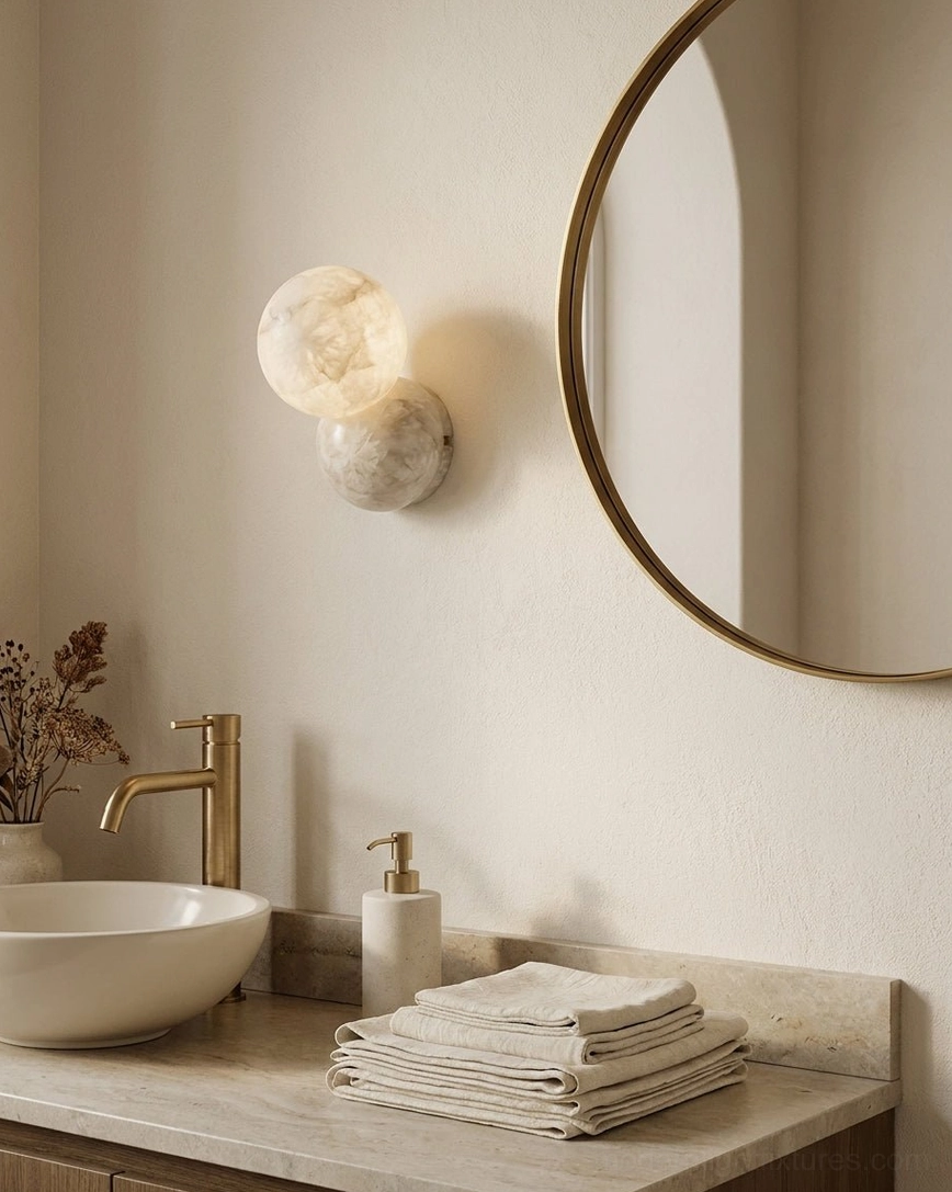 Orb Alabaster Wall Sconce paired vanity installation in bathroom with round gold mirror and brass hardware