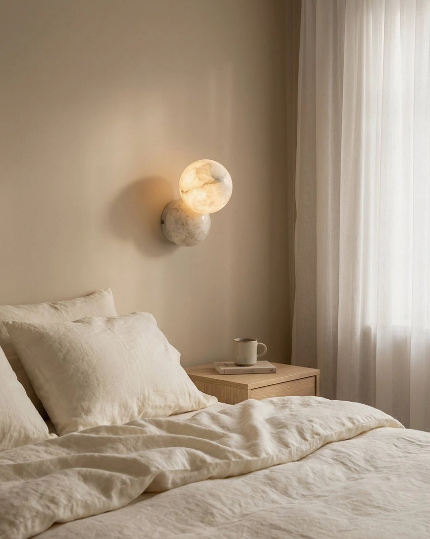 Orb Alabaster Wall Sconce installed bedside in neutral warm-toned master bedroom setting