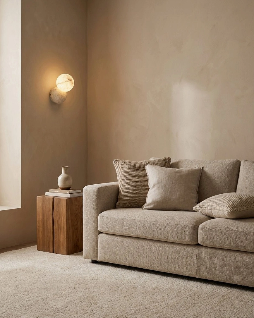 Single Orb Alabaster Wall Sconce above minimalist linen sofa in living room with ambient warm lighting