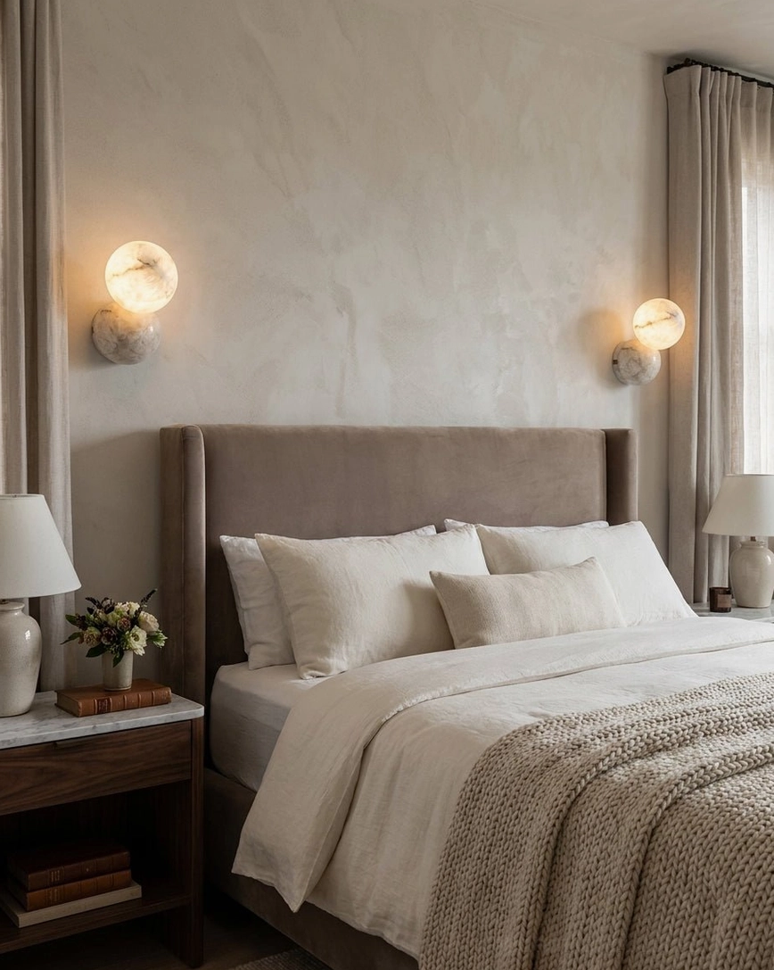 Two Orb Alabaster Wall Sconces flanking master bedroom headboard with linen neutral bedding