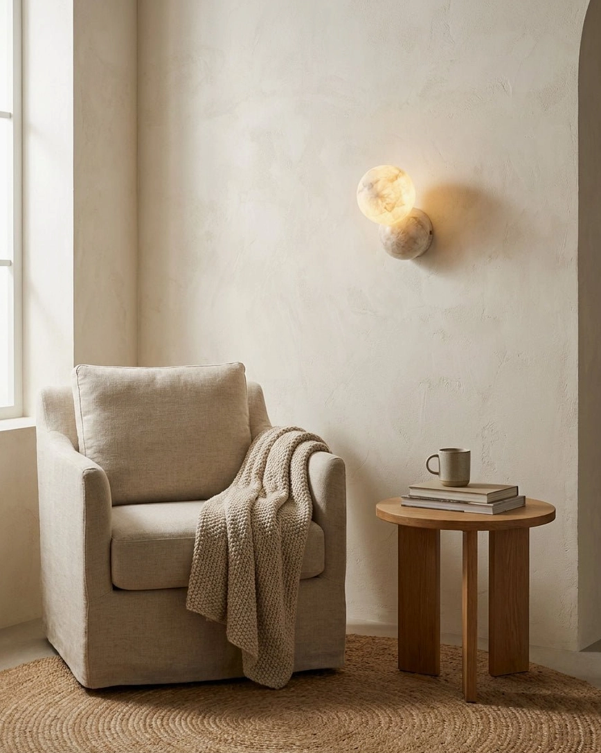 Orb Alabaster Wall Sconce in cozy reading nook beside linen armchair and side table with warm soft glow