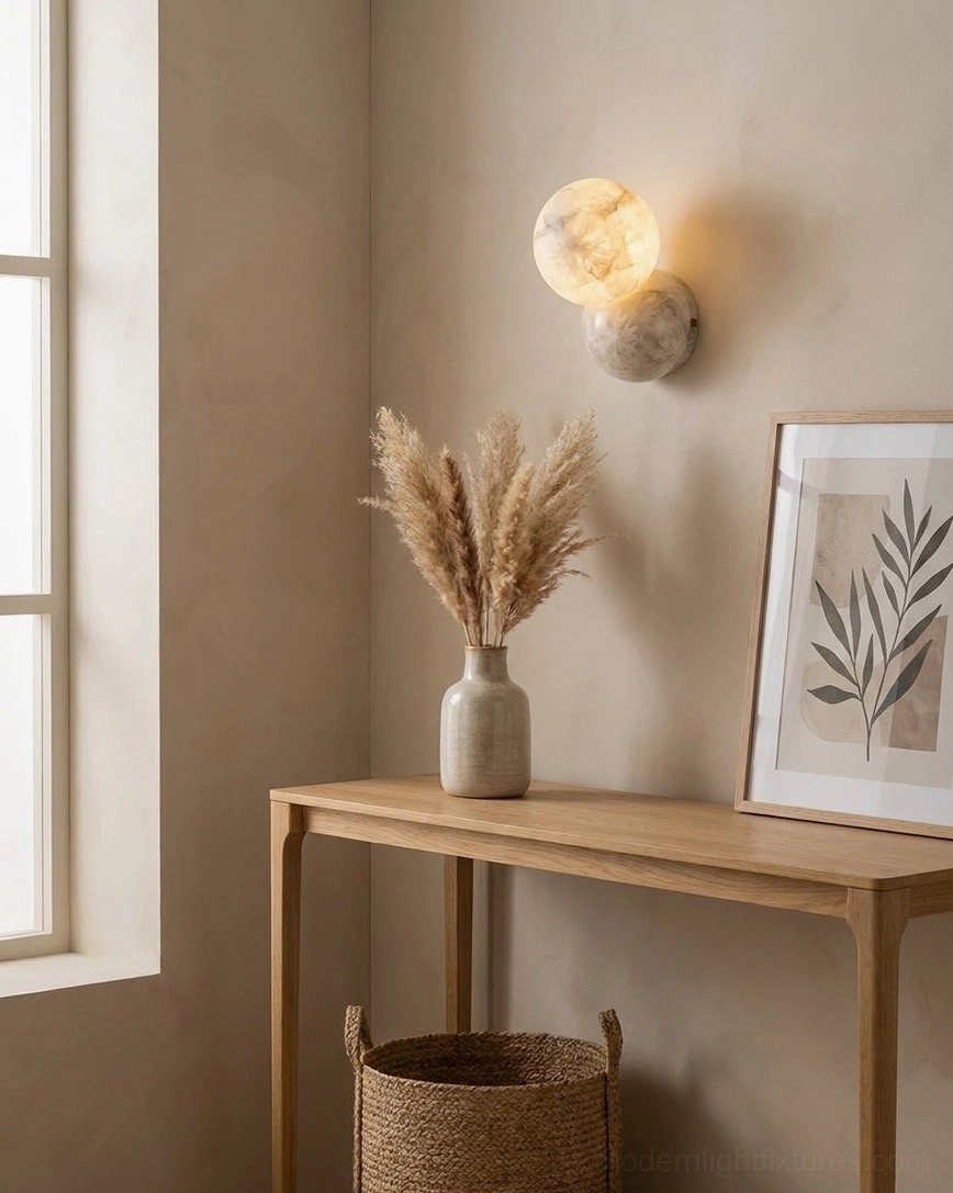 Orb Alabaster Wall Sconce product detail shot showcasing crystalline veining pattern and natural stone translucence
