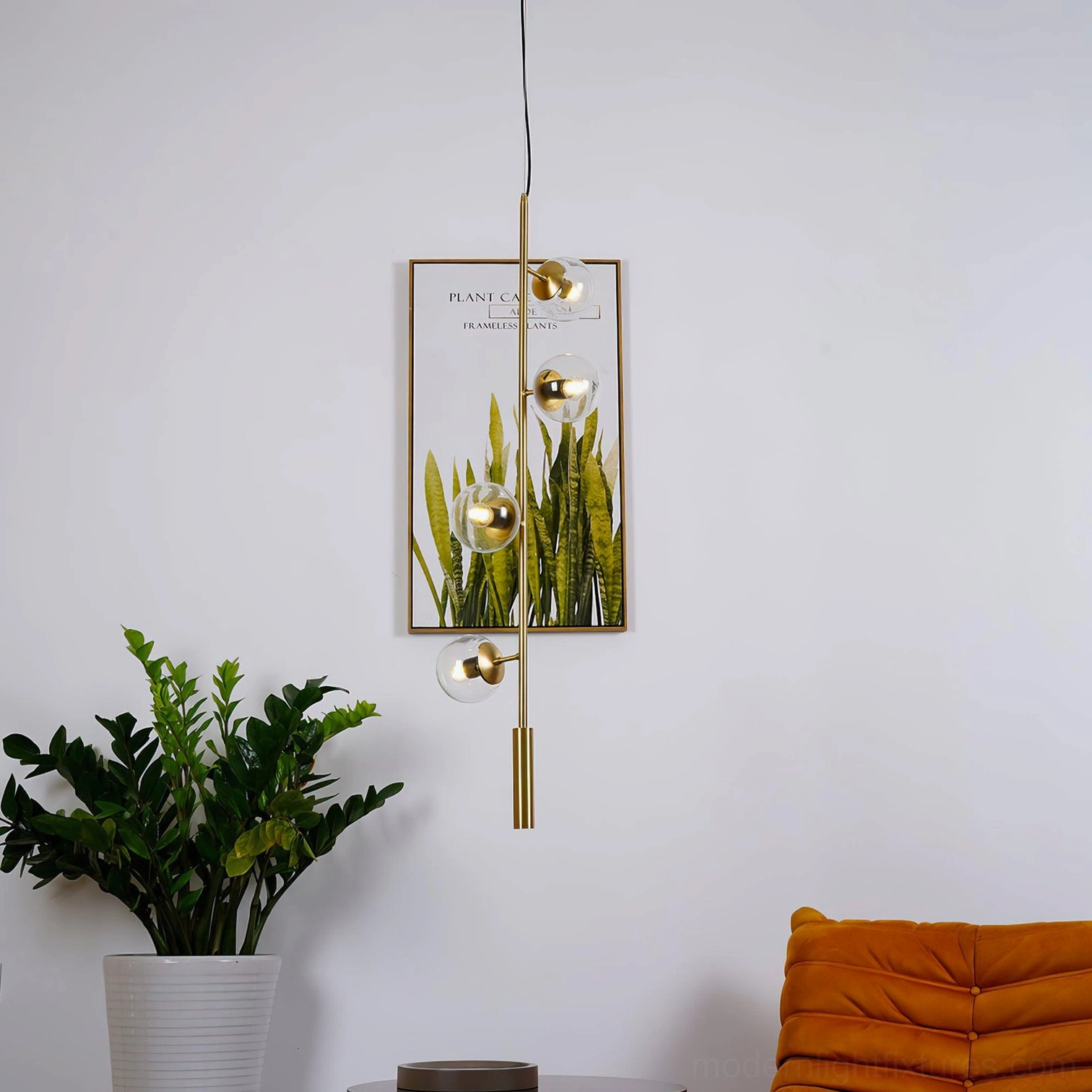 Contemporary orb chandelier variant display showing different glass colors and metal finishes