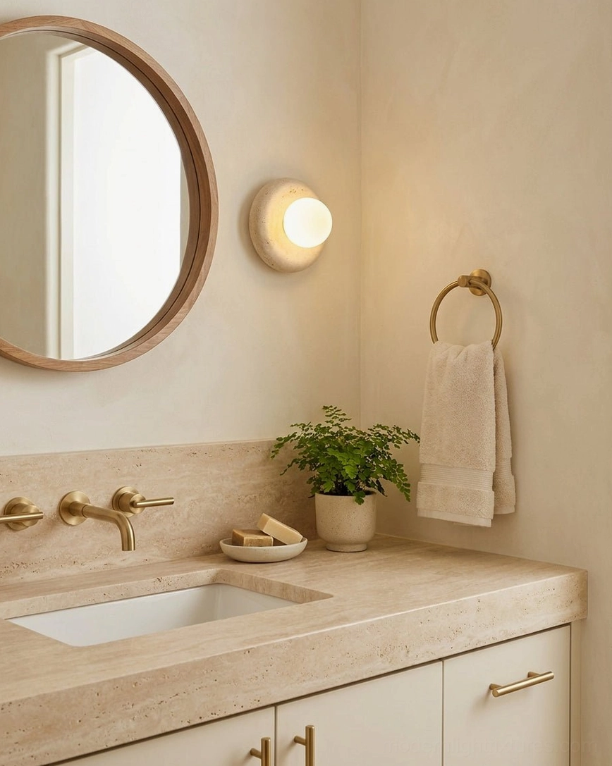 Orb wall sconce installed beside vanity with gold-framed mirror in warm minimalist bathroom