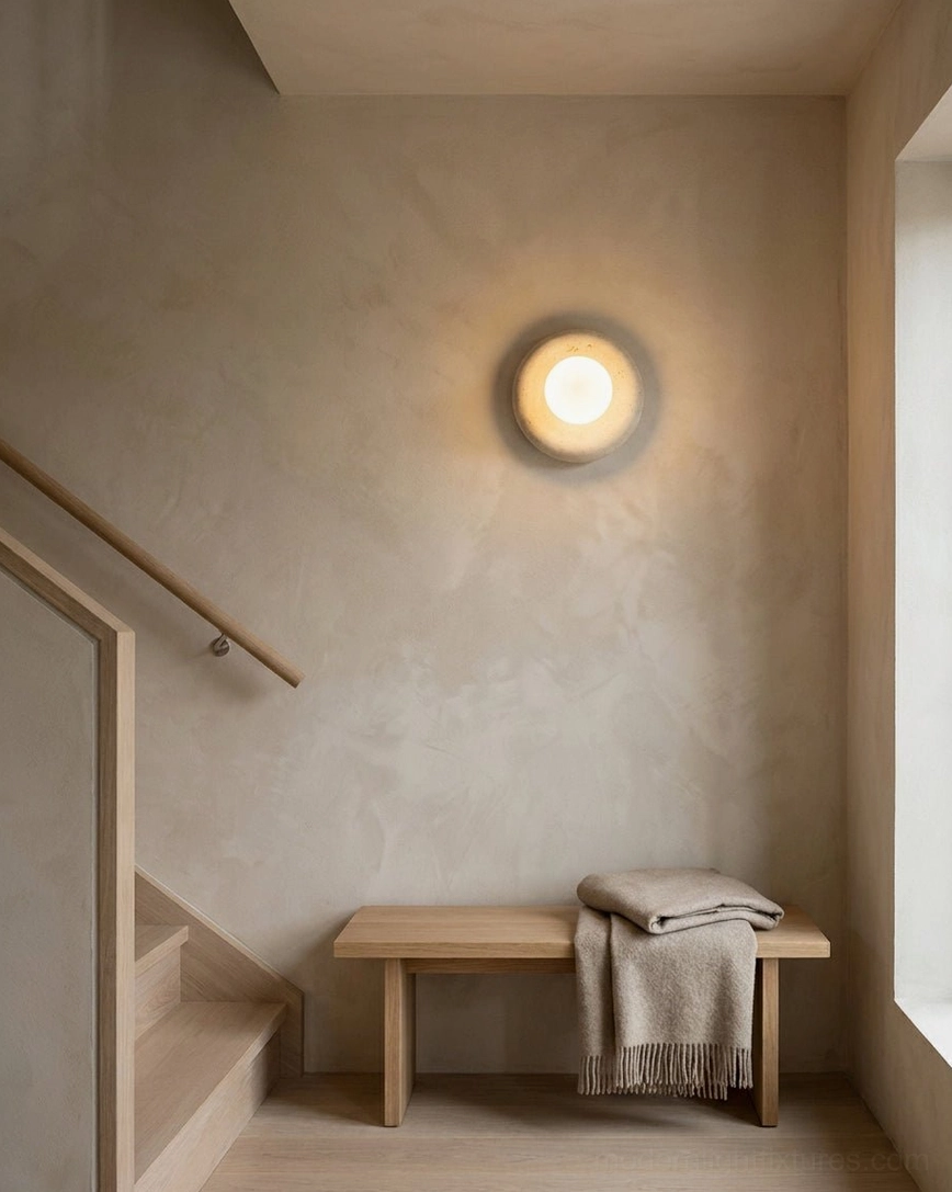 Orb wall sconce mounted on hallway wall above decorative bench, modern stairwell accent lighting