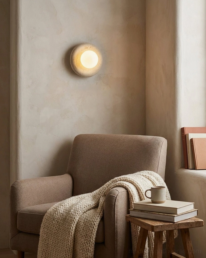 Orb wall sconce in cozy reading nook with armchair and warm neutral interior styling