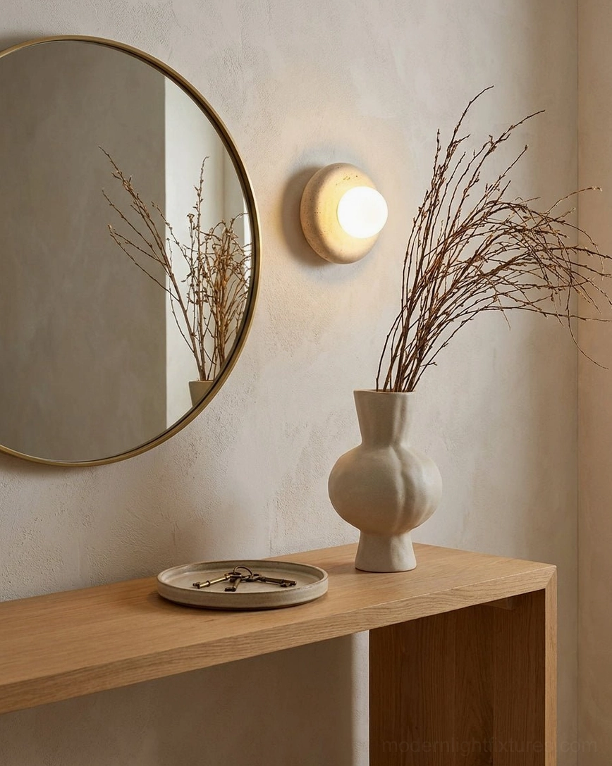 Orb wall sconce above wooden vanity with round gold mirror in minimalist entryway design