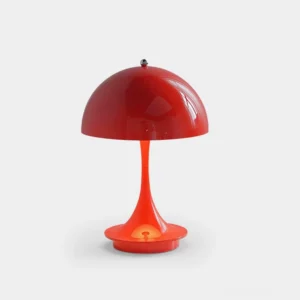 Orbee mushroom table lamp in glossy red with integrated LED dome shade, front-on studio view on white surface