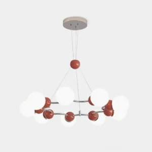 Orbi molecular glass sphere chandelier front view with frosted PE shades and silver metal frame on white background