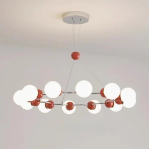 Modern molecular chandelier illuminated overhead installation view with warm 3000K light on minimalist white ceiling