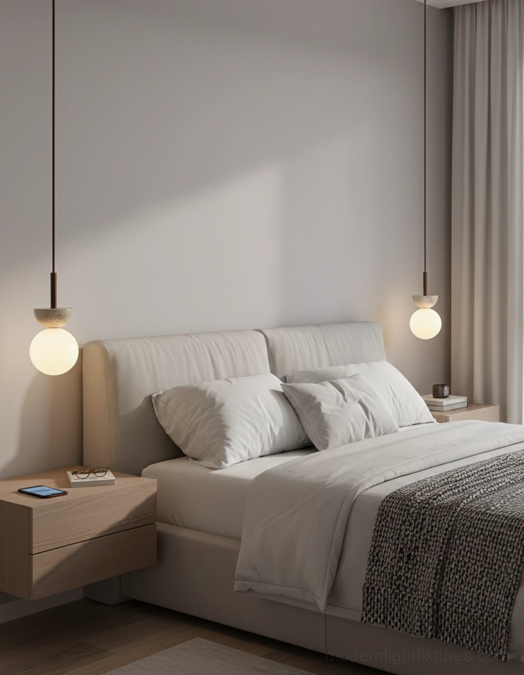 Modern bedroom orbis pendant lighting two hanging lamps cozy warm ambiance