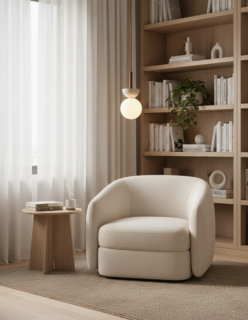 Home library orbis pendant lamp matching hanging light bookshelf neutral warm styling