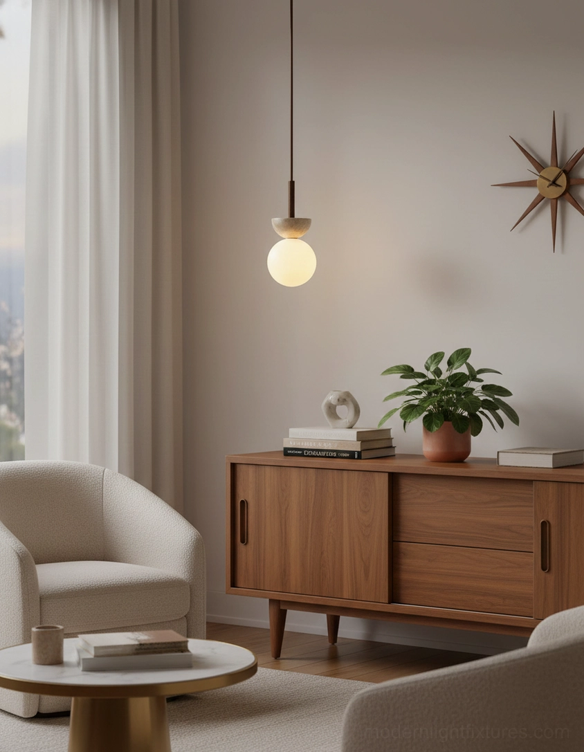 Living room orbis globe pendant light above wooden storage cabinet minimalist modern