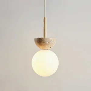 Modern orbis globe pendant lamp warm white backdrop, wood and travertine design detail