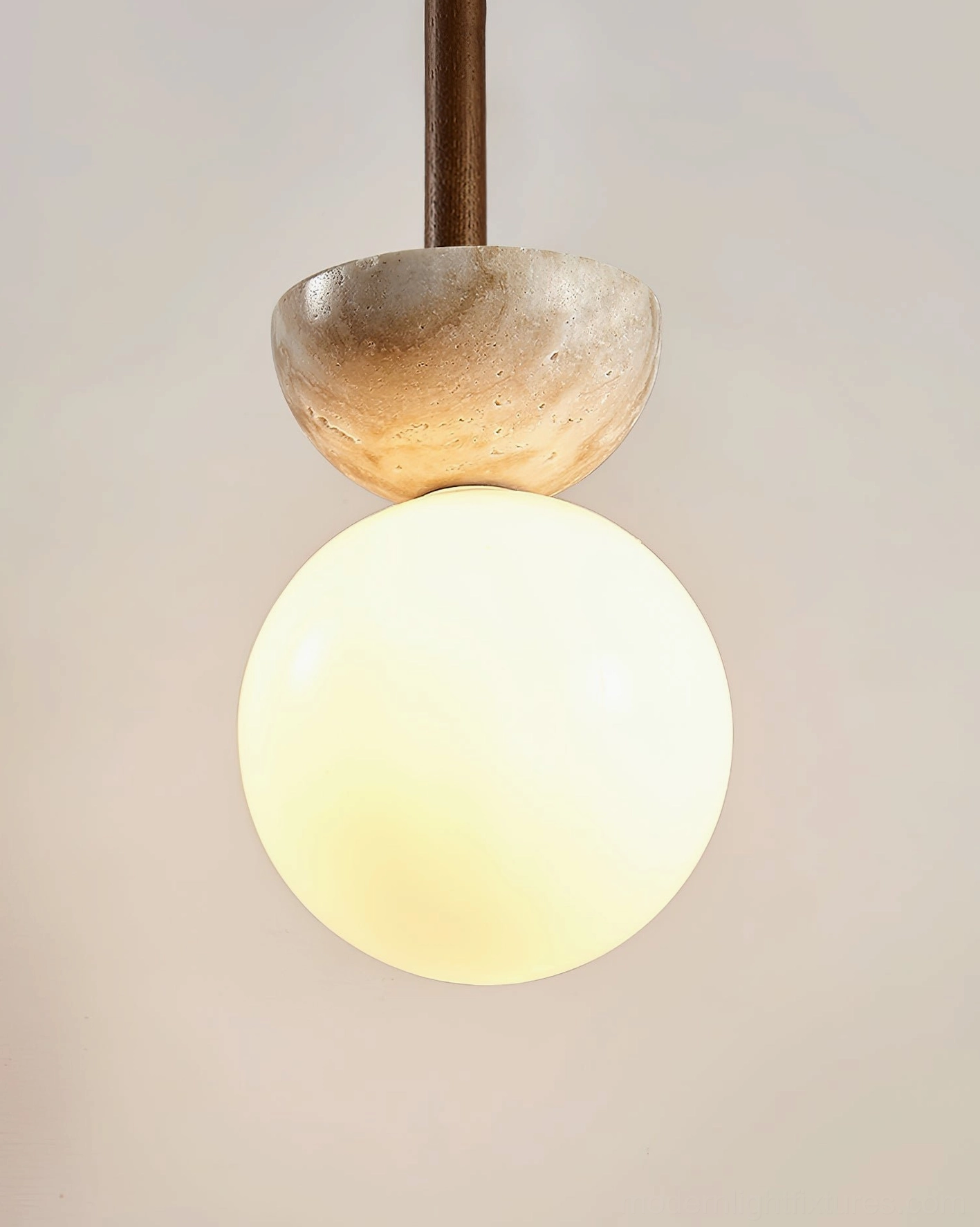Orbis pendant lamp wood color finish natural travertine stone detail