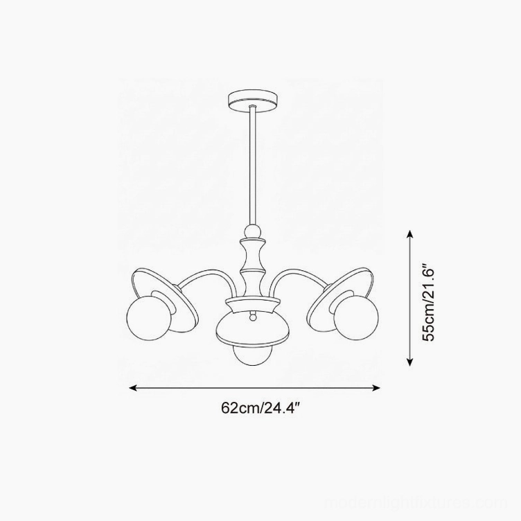 Technical schematic drawing of 3-head orbital chandelier 62cm diameter by 55cm height specifications