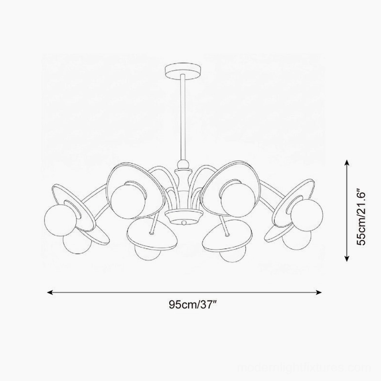 Technical schematic drawing of 8-head orbital chandelier 95cm diameter by 55cm height design specifications