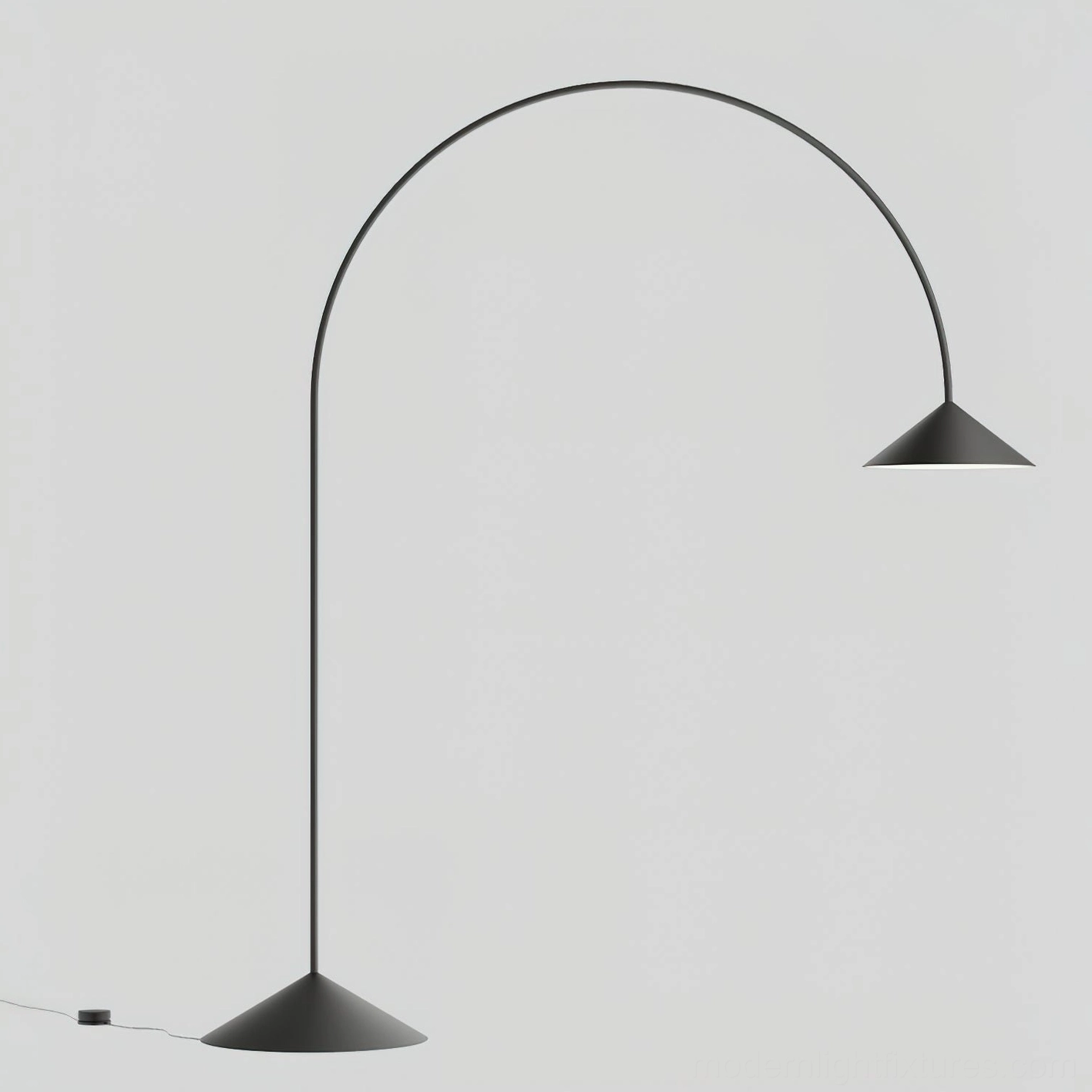 Orbitas modern arc floor lamp full height view showing 8-foot tall arching design in minimalist setting