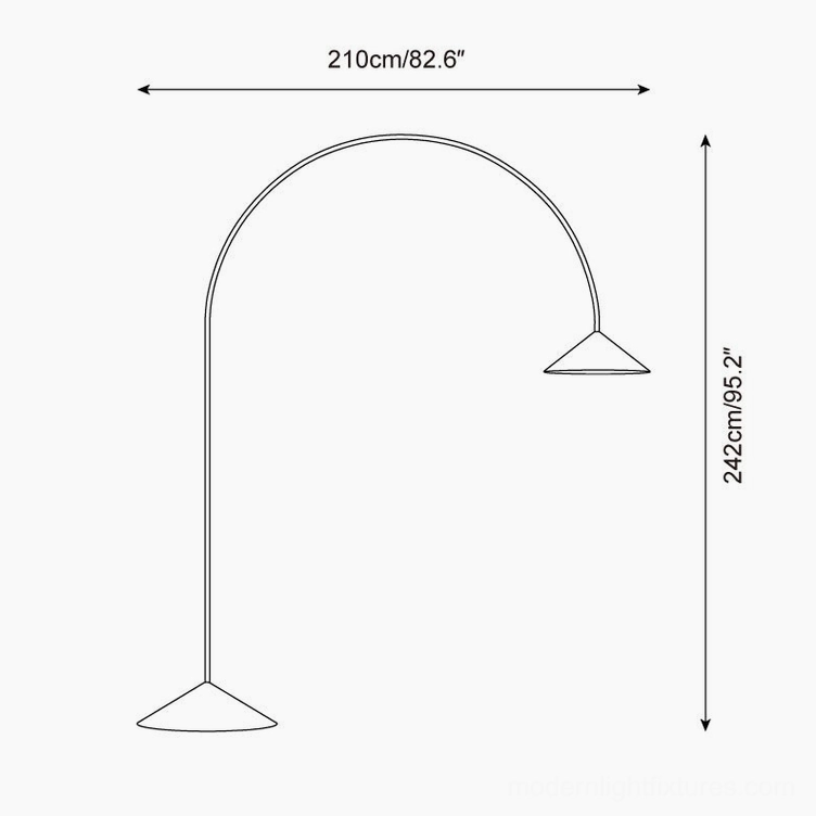 Orbitas floor lamp technical schematic diagram showing dimensions 210cm width by 242cm height