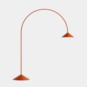 Terracotta Orbitas arc floor lamp studio front view, showing minimalist matte conical lamphead and curved metal pole design
