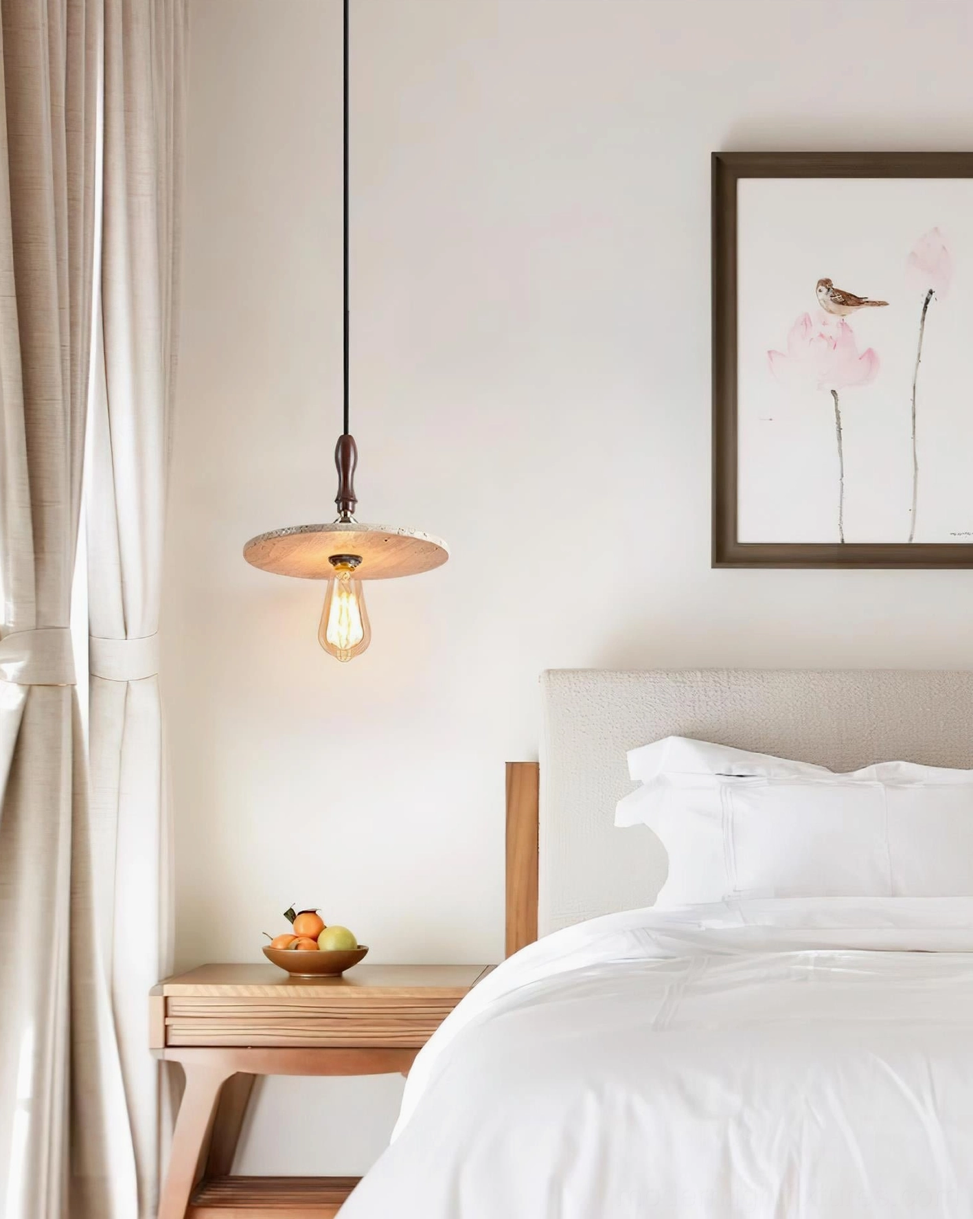 Orbiton travertine disc pendant lamp bedroom corner installation modern farmhouse style