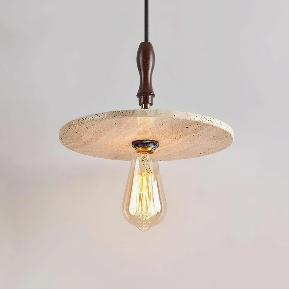 Orbiton stone pendant light three-quarter angle showing exposed warm Edison bulb and wood stem
