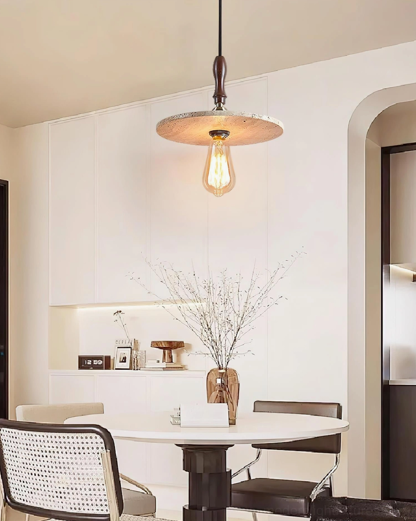 Orbiton stone disc pendant lamp close-up travertine texture natural fissures authentic stone