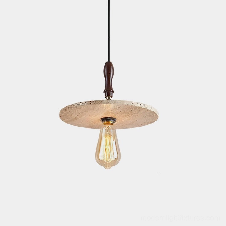 Orbiton travertine disc pendant lamp with Edison bulb front view natural stone hanging light fixture