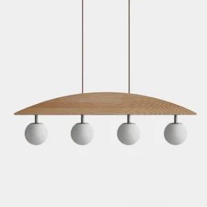 Orbline modern wooden pendant chandelier with four frosted glass globes, arched ribbed wood beam design