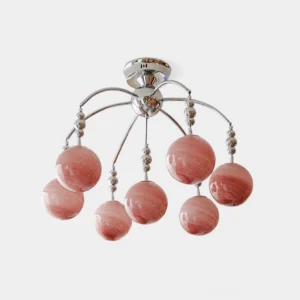 Orbola mid-century modern pink glass globe ceiling chandelier with polished chrome frame and sculptural arms