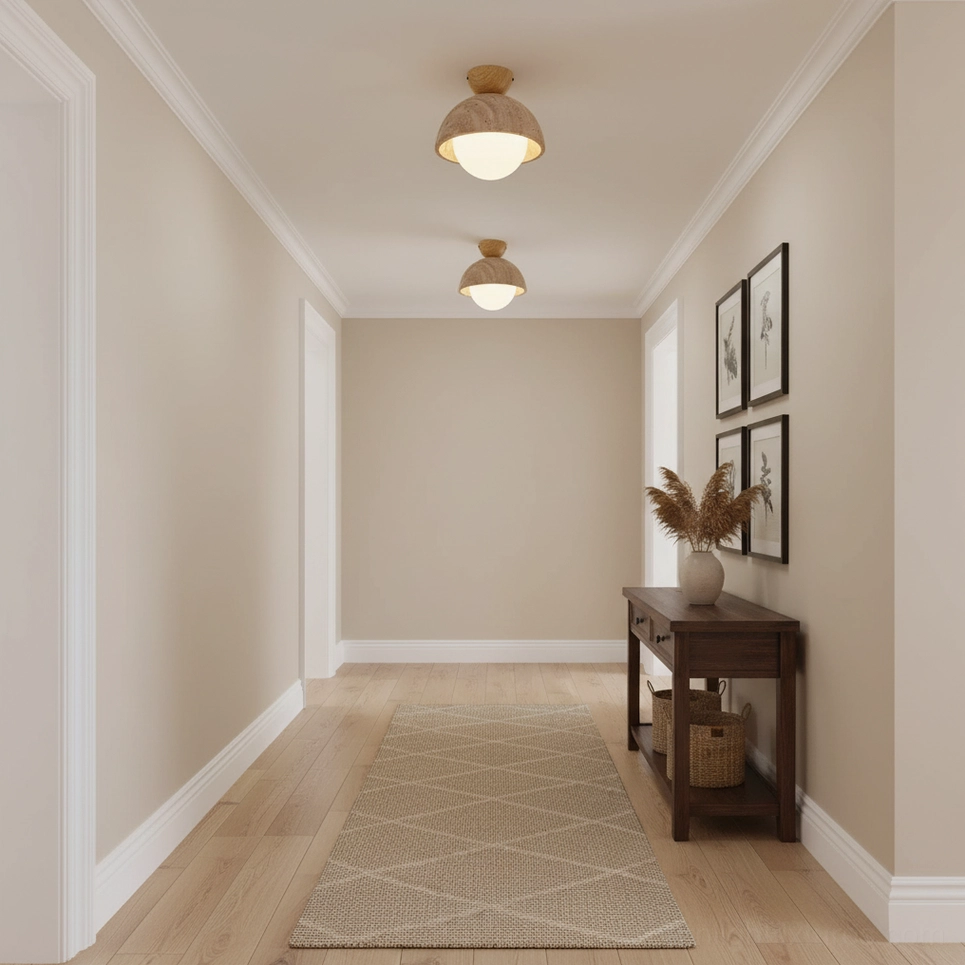 Orella modern semi-flush ceiling lamps arranged in contemporary hallway with wall art and dark wood console table