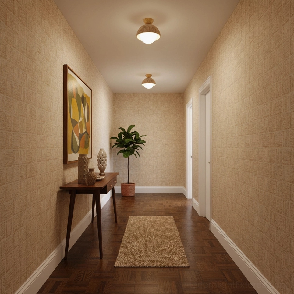 Orella travertine ceiling light fixture wide view showing luxury residential hallway with coffered ceiling and uniform lamp arrangement