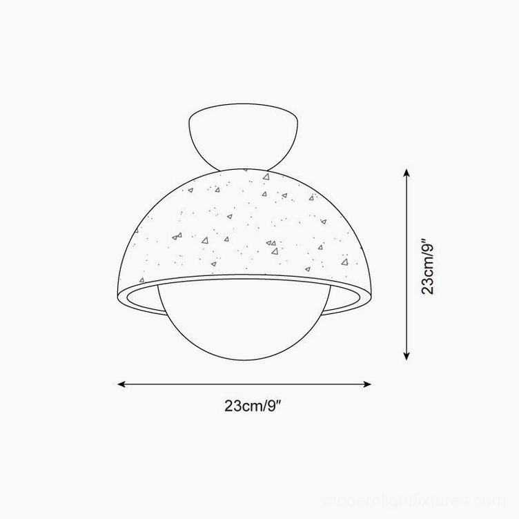Orella large ceiling light fixture technical drawing showing orthographic dimensions 23cm diameter by 23cm height with textured dome shade