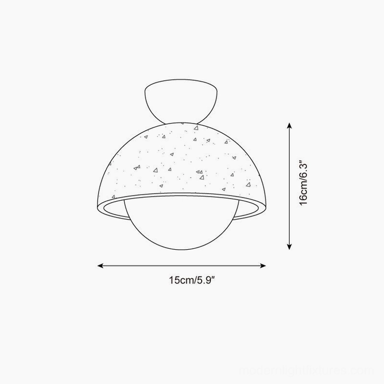 Orella small ceiling light fixture technical drawing showing orthographic dimensions 15cm diameter by 16cm height with travertine dome