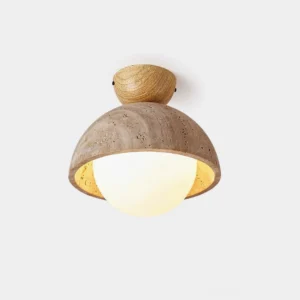 Orella modern travertine semi-flush ceiling light fixture with frosted glass dome and warm wood canopy, studio front view
