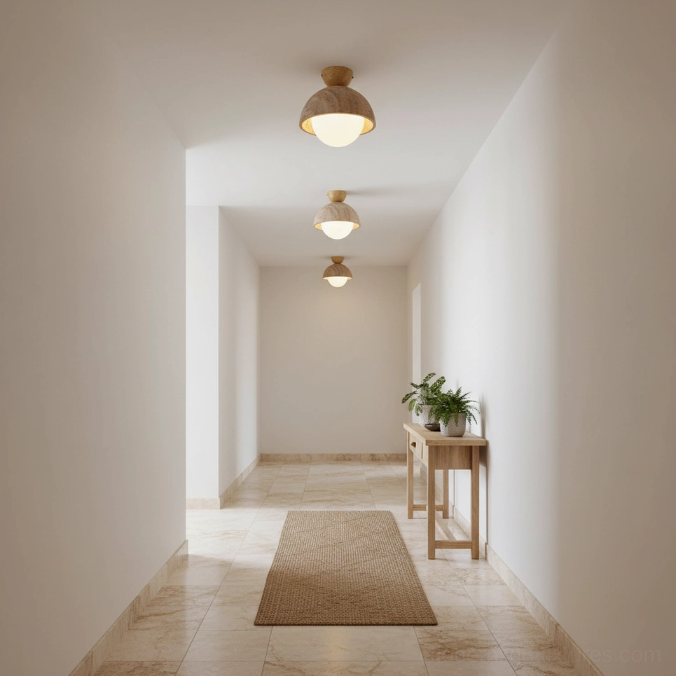 Multiple Orella travertine ceiling light fixtures in long residential hallway with console table and warm neutral decor styling