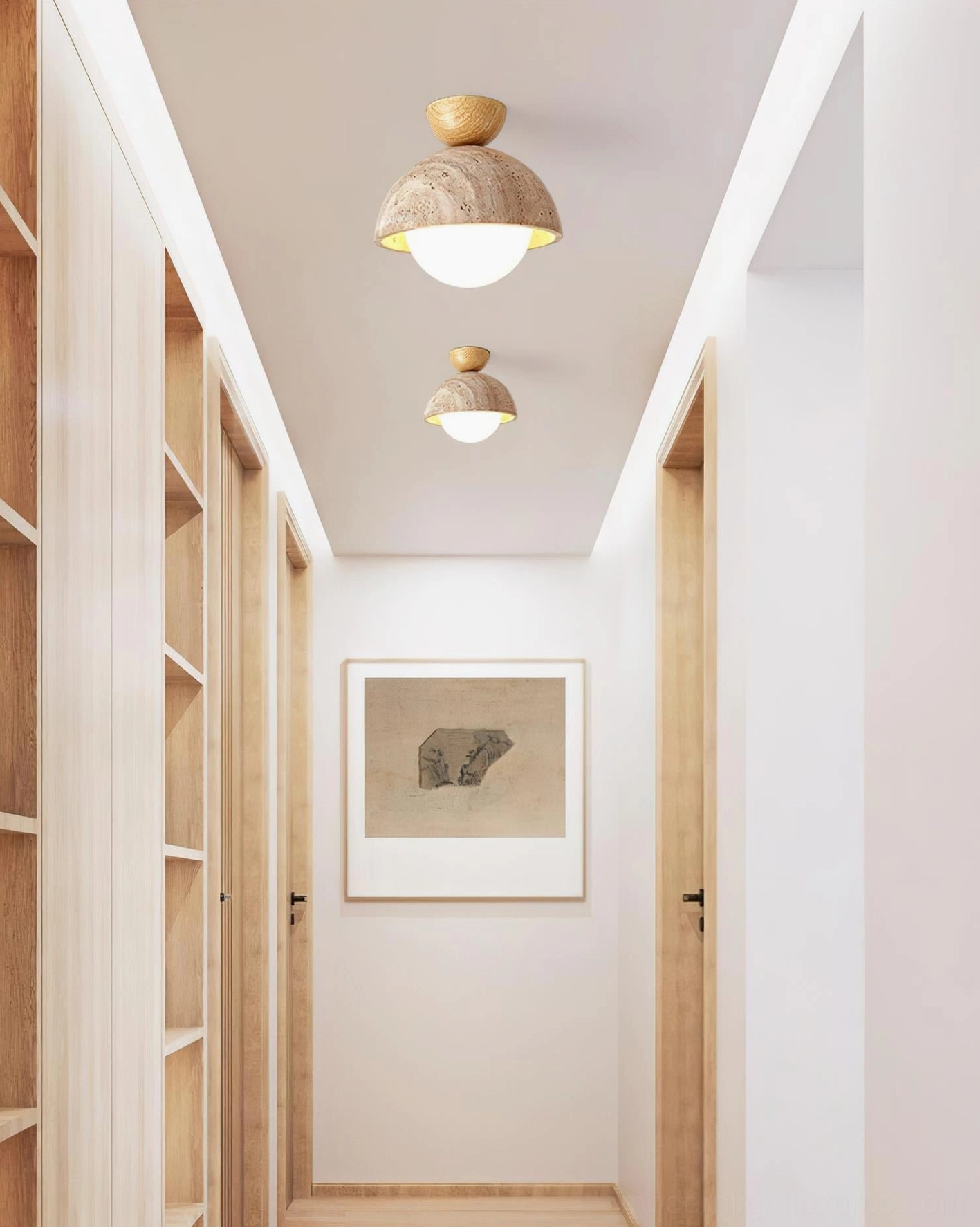Orella modern travertine semi-flush ceiling light showing natural stone surface texture and organic character detail