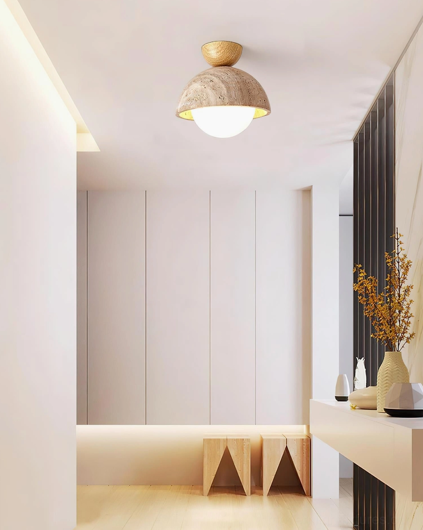 Orella travertine ceiling light fixture mounted on wall showing versatile installation option and warm wood mounting bracket